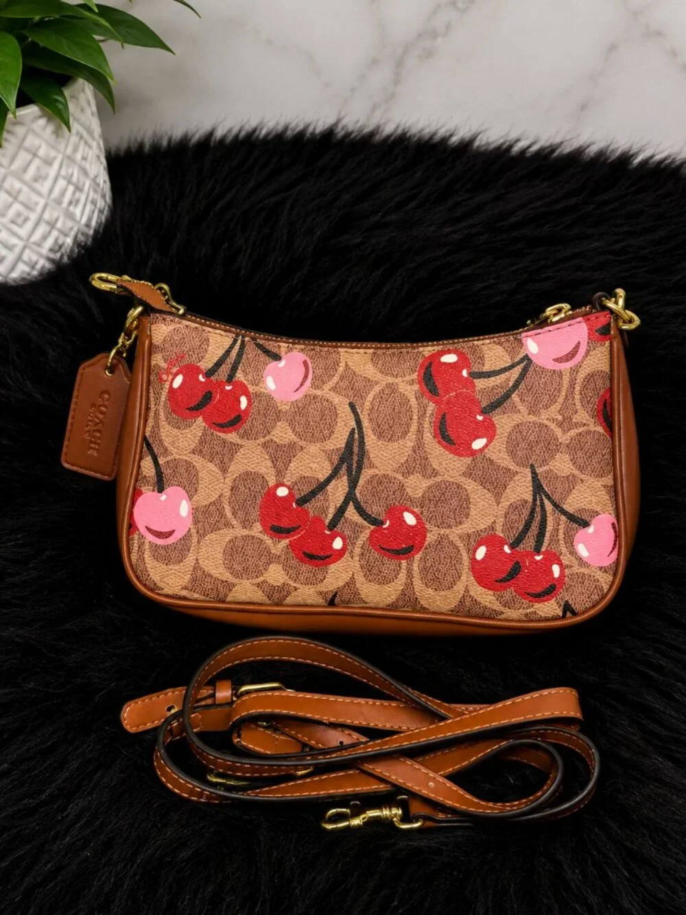 Brown Signature Cherry Print Shoulder Bag